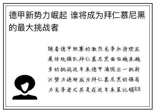 德甲新势力崛起 谁将成为拜仁慕尼黑的最大挑战者