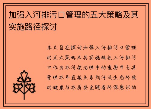 加强入河排污口管理的五大策略及其实施路径探讨