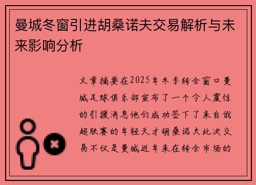 曼城冬窗引进胡桑诺夫交易解析与未来影响分析